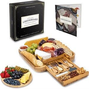 SMiRLY Premium Bamboo Cheese Board Charcuterie and Serving Tray Set with Cutlery